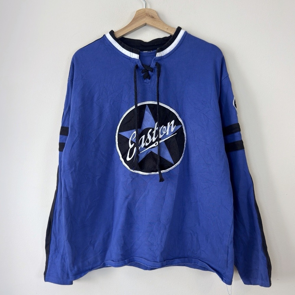 Easton Hockey Embroidered Logo Blue Jersey Top Lace Up Sweater Sweatshirt Large